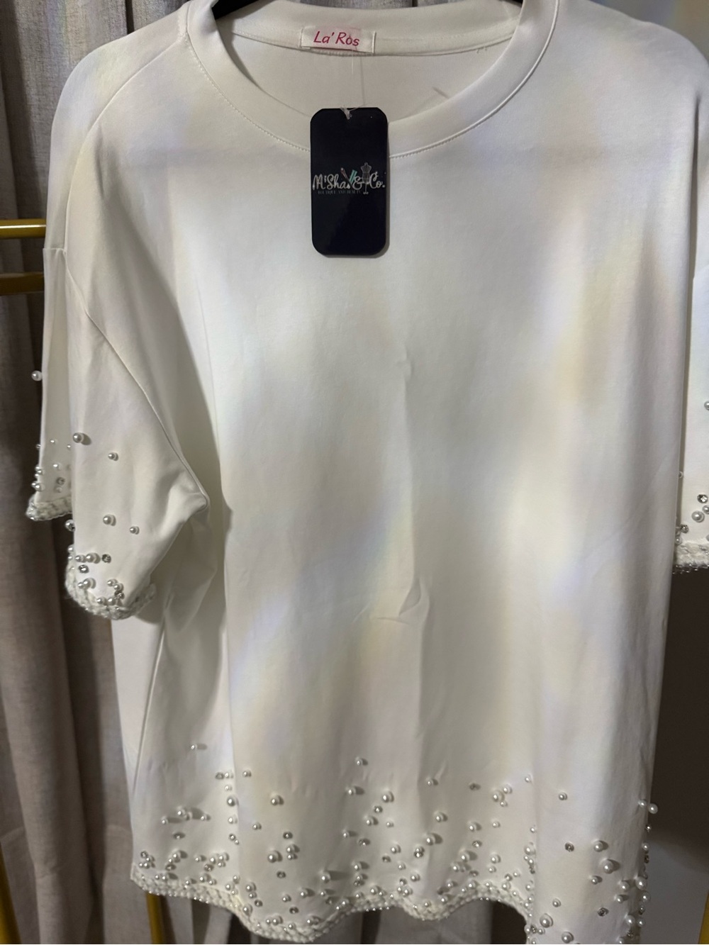 White Pearl-Trim Short Sleeve Women's Tee